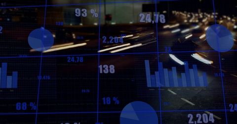 Data processing overlay on urban cityscape with charts