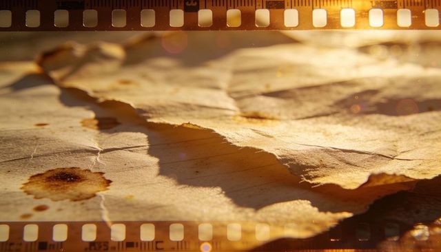 Evoking aged parchment with frayed edges and filmstrip border under warm light