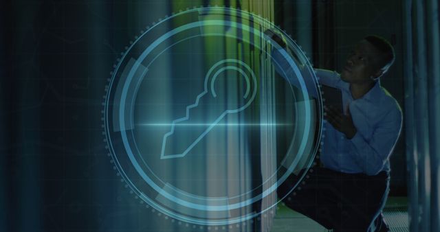 Image of security key icon over african american male engineer using tablet at server room. Cyber security and business data storage technology concept