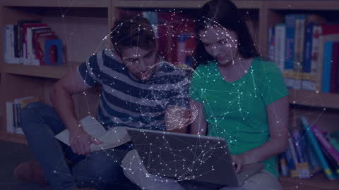 Students Studying in Library with Digital Network Animation