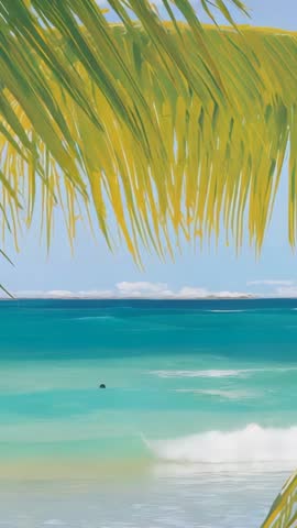 Swimmer emerging under palm frond in turquoise sea vertical video for tropical calm