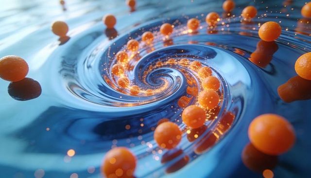 Orange orbs spiraling through blue liquid vortex with golden sparks and reflections
