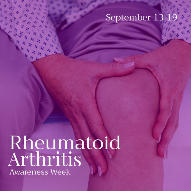 Elderly woman holding her painful knee, highlighting joint health. Suitable for medical awareness campaigns, health promotion materials, and educational content for Rheumatoid Arthritis Awareness Week.
