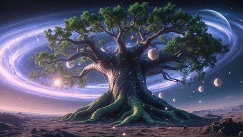 Enchanted cosmic dreaming tree on alien world with celestial backdrop
