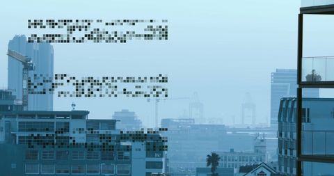 Digital data overlay on urban cityscape representing global finance