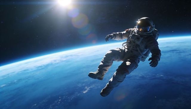 Astronaut Floating Above Curved Earth with Gold Visor and PLSS, Sun Flare Backlight