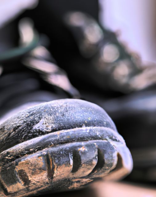 Close-up of muddy work boots focusing on the well-worn, dirt-stained surface. Ideal for themes of manual labor, construction, hard work, and rugged outdoor activities. Could be used in advertisements for durable footwear, workwear promotions, or articles related to laborers and their daily challenges.