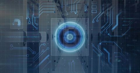 Projecting Glowing Circular HUD Reticle Over Server Racks With Globe Icon for Data Center