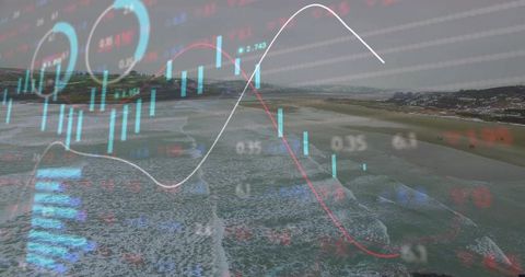 Translucent Financial Charts Overlaying Aerial Coastal Landscape with Candlestick Trends