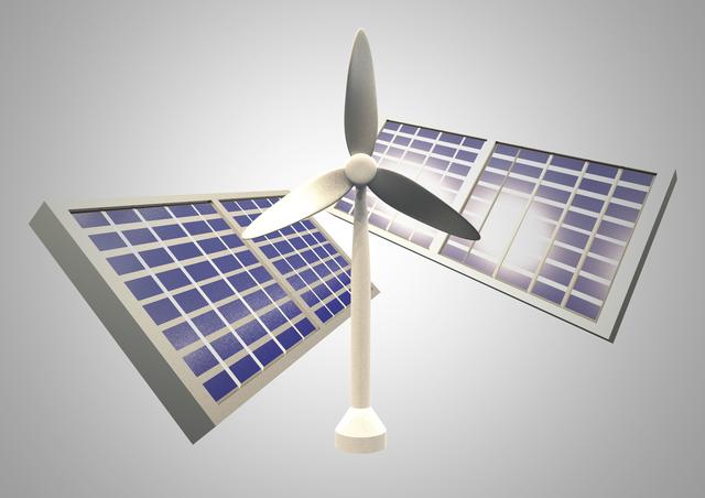 Digital composite image of solar panels and wind turbine on grey background