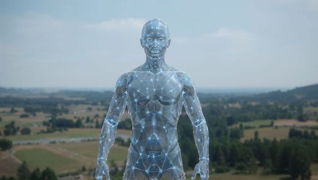 Translucent holographic 3d human with glowing neural mesh over rural valley landscape