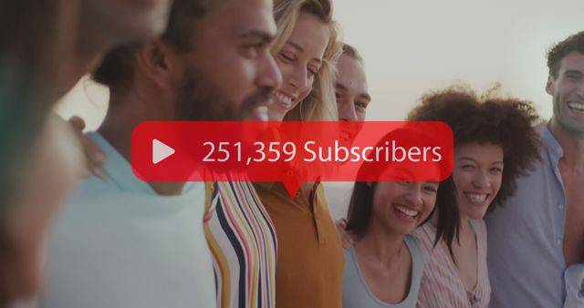 Smiling Friends Celebrating Online Milestone with Subscriber Count - Download Free Stock Images Pikwizard.com