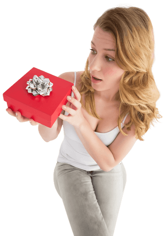Surprised Woman Holding Transparent Red Gift Box with Ribbon