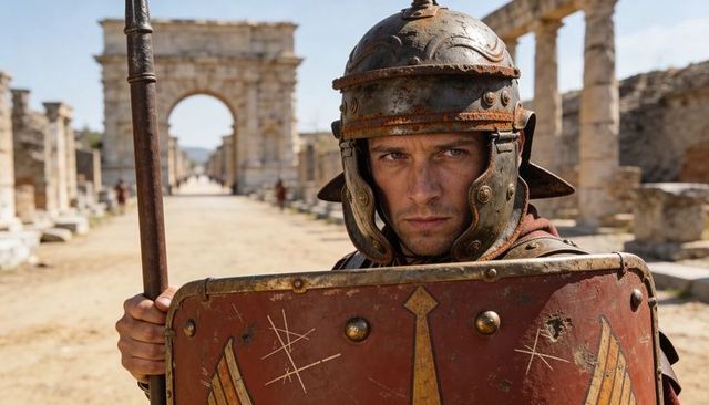 Roman legionary standing guard with shield and spear on ancient roman road and archway