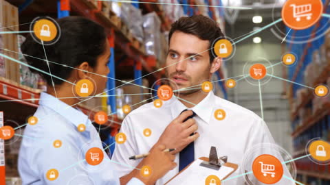 Warehouse Team Discussing Supply Chain Logistics with Network Overlay