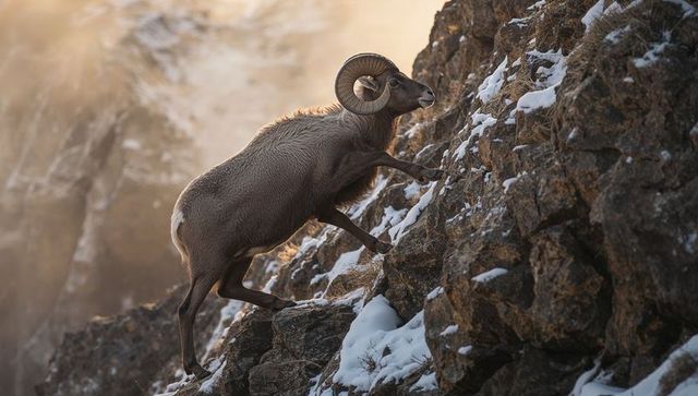Bighorn ram climbing steep snow-dusted cliff at golden hour, curled horns, alpine