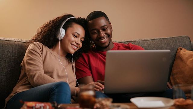 Smiling young couple sharing headphones and watching laptop on cozy sofa at home