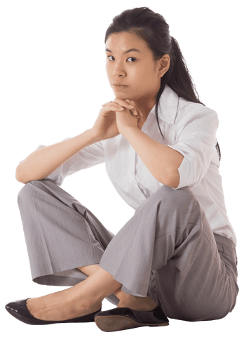 Transparent Businesswoman Sitting Cross-Legged in Office Attire