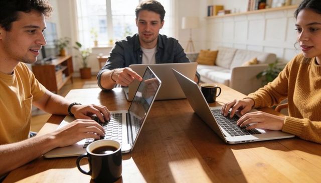 Young professionals collaborating at home table with laptops and coffee, daylight productivity