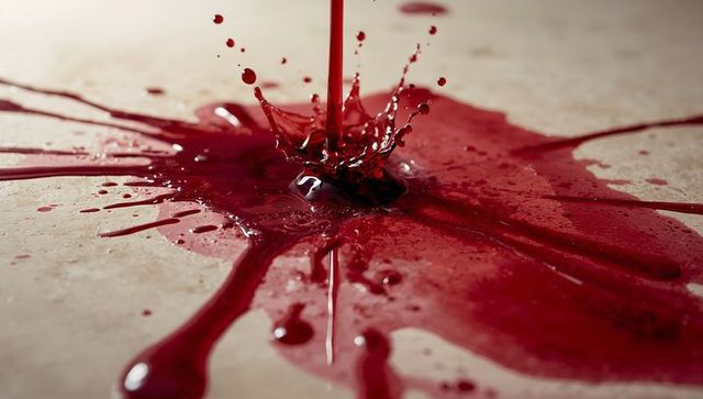 Crimson liquid pouring creating crown splash on beige surface, dramatic red spill macro
