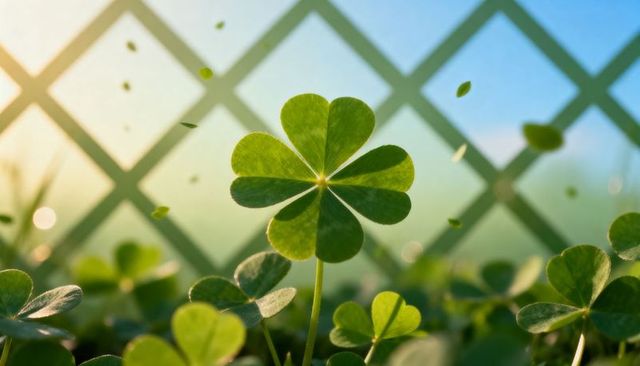Backlit multi-lobed clover glowing in golden hour with lattice bokeh and falling specks