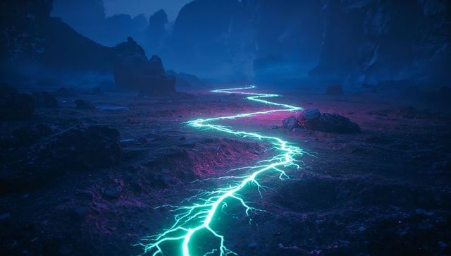 Luminous electric fissure in alien twilight canyon landscape