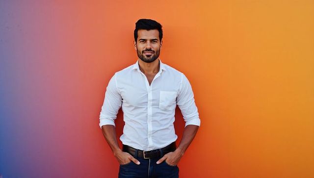Confident man standing in white shirt and dark jeans against vibrant orange gradient wall