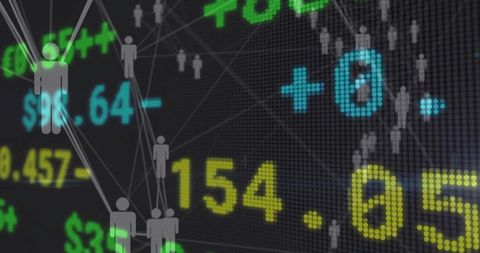 Connecting avatar network over led stock market ticker displaying neon numeric data