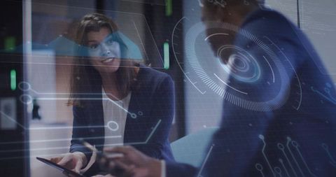 Augmented Reality Business Collaboration HUD, Woman Leading Meeting with Tablet