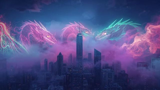 Neon dragon spirits hovering over urban skyline at night emitting cyan pink violet smoke