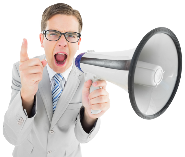 Geeky Businessman Shouting Achievements through Transparent Megaphone - Download Free Stock Videos Pikwizard.com