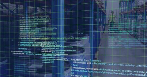 Warehouse worker inspecting racks with green code grid overlay for logistics analytics