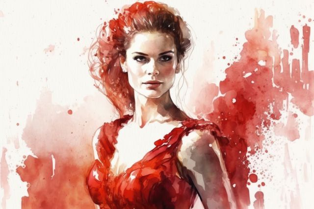 Watercolour portrait of woman in red dress, created using generative ai technology. Painting and portraiture concept digitally generated image.