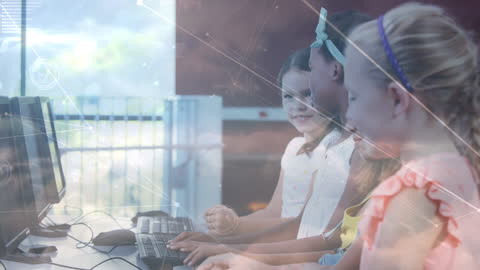 Diverse Schoolchildren Using Computers in Digital Connected Classroom