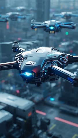 Command Drone Leading Formation, Hovering through Urban Airway with Blue Navigation Lights