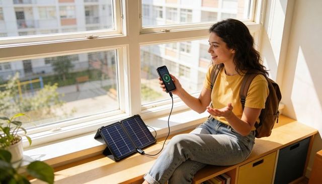 Young woman charging smartphone with foldable solar panel on sunny windowsill in modern apartment