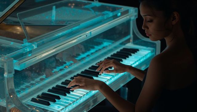 Woman playing glowing acrylic piano with teal led keys in moody intimate studio