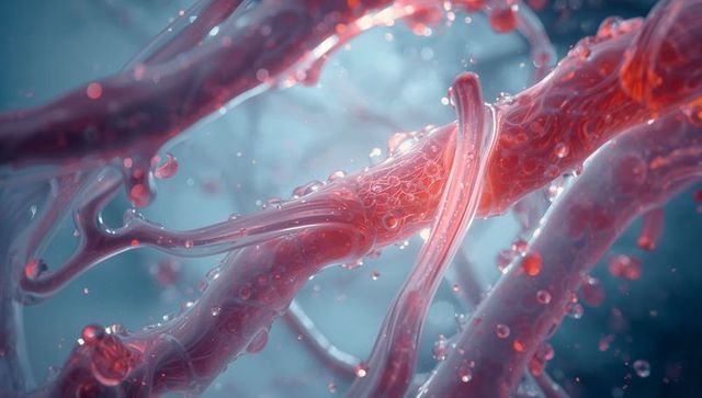 Intertwining translucent red microfilaments creating microscopic network with glossy droplets