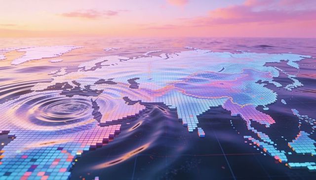 Glowing pixel-tile eurasia map reflecting pastel sky over glossy ocean ripple effect
