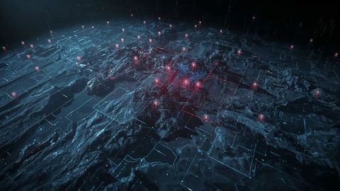 Futuristic 3d terrain with glowing cyan grid and network pins