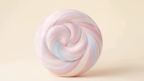 Rotating Pastel Swirl Orb Zooming In on Beige Tabletop Showing Soft Textured Spiral