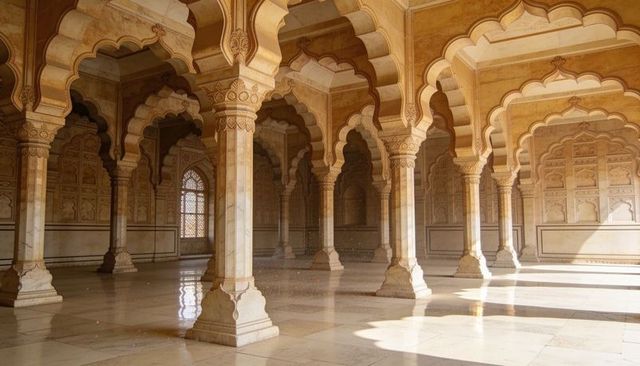 Sunlit mughal palace hall with carved columns, lobed arches and reflective marble floor