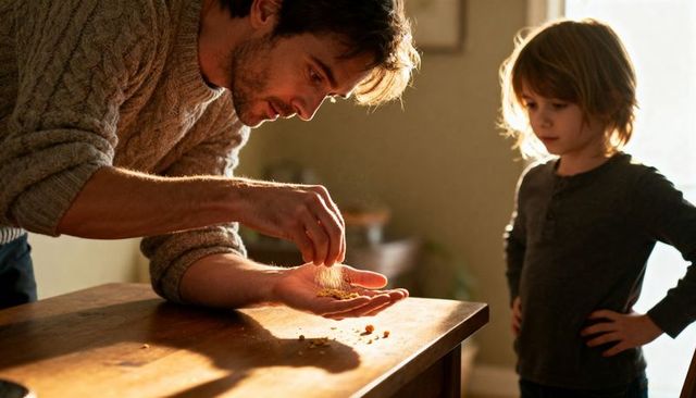 Father sprinkling breadcrumbs into palm while young son watches on sunlit kitchen table