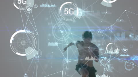 Asian Man Running with 5G Network Visualization Overlay