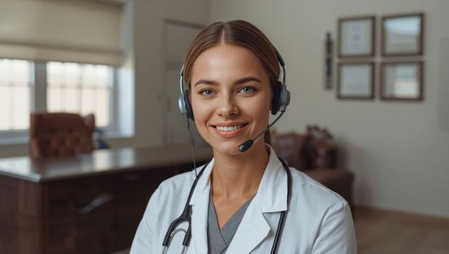 Smiling female doctor wearing headset delivering telemedicine consultation in modern clinic