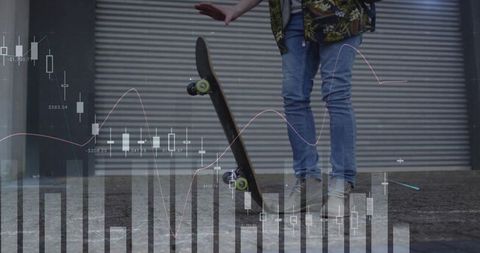 Skateboarder balancing on board with financial charts overlay in urban street scene