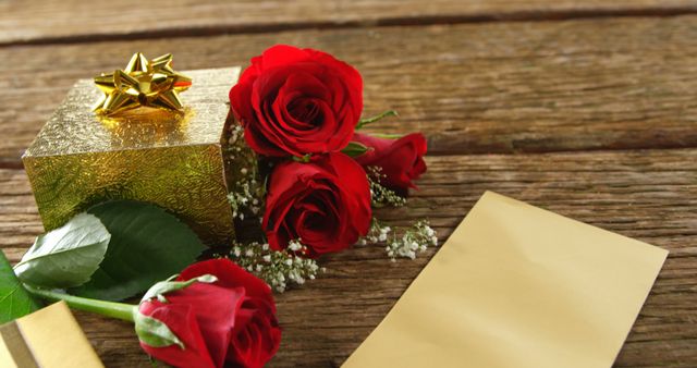 Vibrant red roses and a golden gift box are arranged on a rustic wooden surface, with copy space. Roses often symbolize love and passion, making this setting ideal for occasions like anniversaries or Valentine's Day.