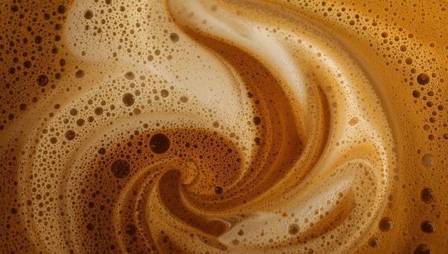 Swirling espresso crema and milk foam macro close-up creating creamy brown swirl