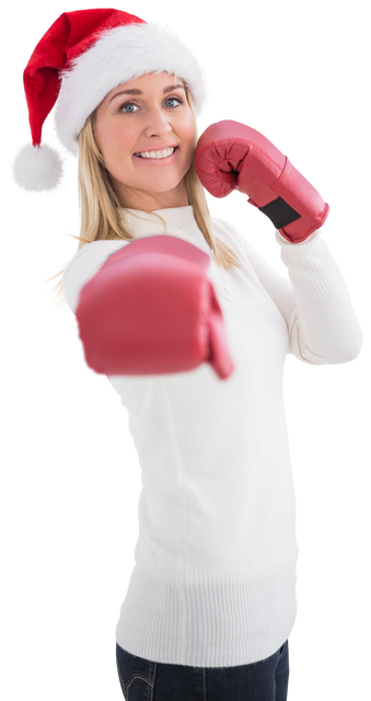 Confident Woman in Santa Hat with Boxing Gloves Enjoying Transparent Background - Download Free Stock Videos Pikwizard.com