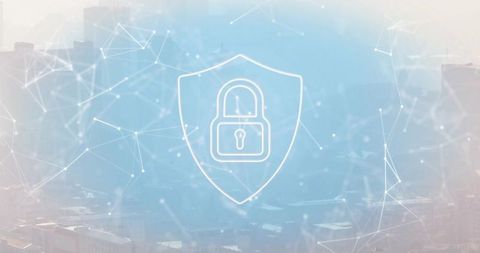 Cybersecurity Shield with Padlock Over City Network Mesh, Data Protection Concept